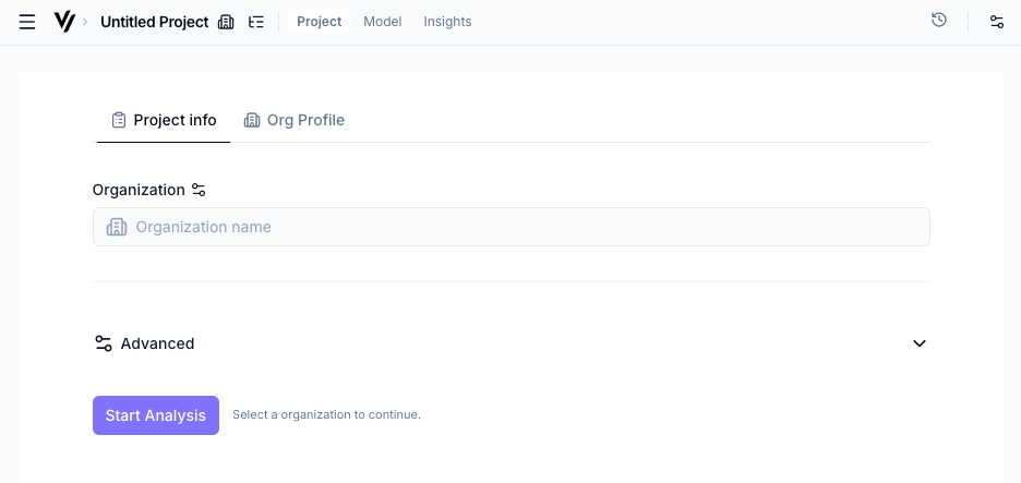 ImpactAccounting.ai project setup form showing name, URL, location, and sector fields